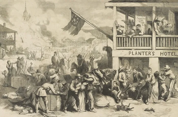 Framed Print : Confederate guerrilla raid in a western town during the US Civil War, by Thomas Nast, Sept 1862