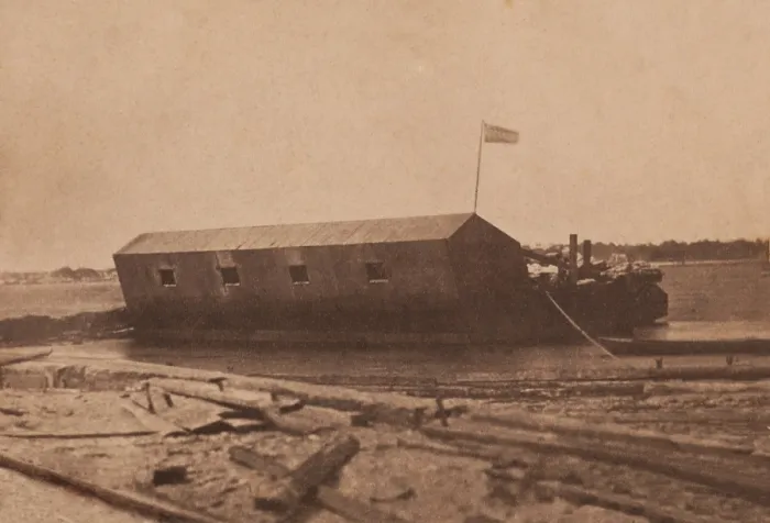 Framed Print : Confederate iron clad floating battery moored at Sullivan's Island on April 11, 1861. The following day it would join the attack on Fort Sumter, April 11, 1861