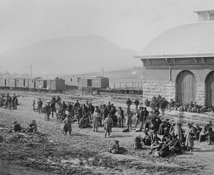 Framed Print : Confederate Prisoners, awaiting transport to detention at the Chattanooga, TN, railroad station