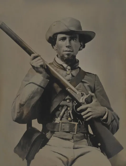 Framed Print : Confederate Private John P. Alldredge of Co. A, 48th Alabama Infantry Regiment in uniform, c. 1862. He is armed with a Model 1842 rifle musket, revolver, and hunting knife Framed Print : Confederate Private John P. Alldredge of Co. A, 48th Alabama Infantry Regiment in uniform, c. 1862. He is armed with a Model 1842 rifle musket, revolver, and hunting knife