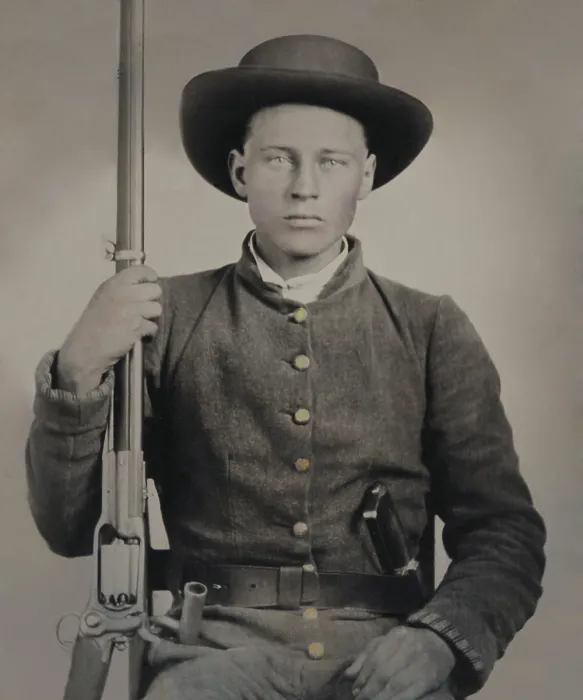 Framed Print : Confederate soldier in uniform with a Colt Revolving rifle and D-Guard Bowie knife, c. 1861-65. Civil War era hand-colored tintype photo (BSLOC_2019_2_132) Framed Print : Confederate soldier in uniform with a Colt Revolving rifle and D-Guard Bowie knife, c. 1861-65. Civil War era hand-colored tintype photo (BSLOC_2019_2_132)