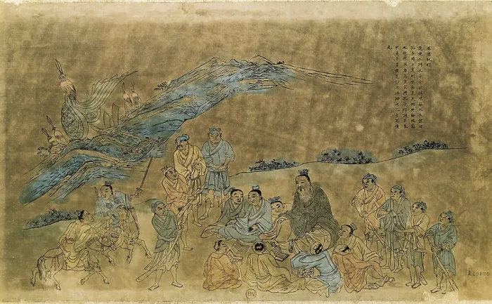 Framed Print : CONFUCIUS (551-479 BC). Scene from Confucius life surrounded by his disciples. Drawing on paper made with ink and watercolour during the Qing dynasty. Chinese art