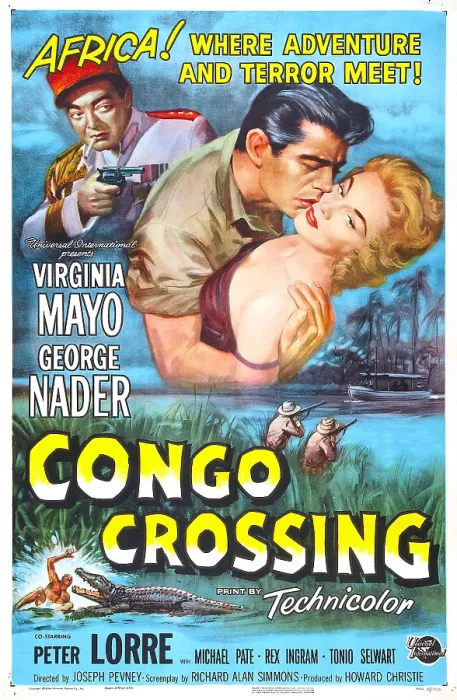 Framed Print : CONGO CROSSING, US poster, from left: Peter Lorre, George Nader, Virginia Mayo, 1956