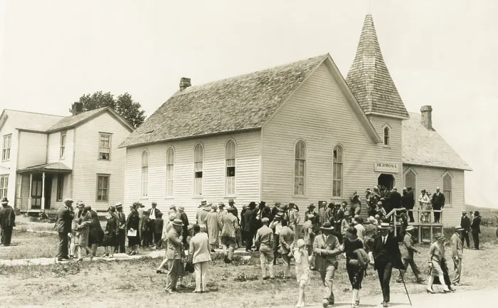 Framed Print : Congregational Church after Sunday service, Hermosa, South Dakota, in June 1927 Framed Print : Congregational Church after Sunday service, Hermosa, South Dakota, in June 1927