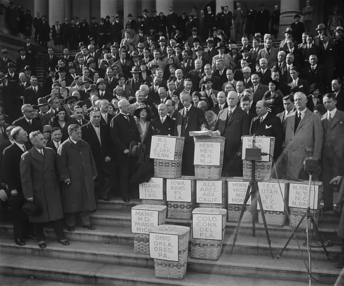 Framed Print : Congress gets huge petition for reduction of federal tax on earned incomes in Dec. 1929. The petition was received by chairmen of the House and Senate Finance Committees