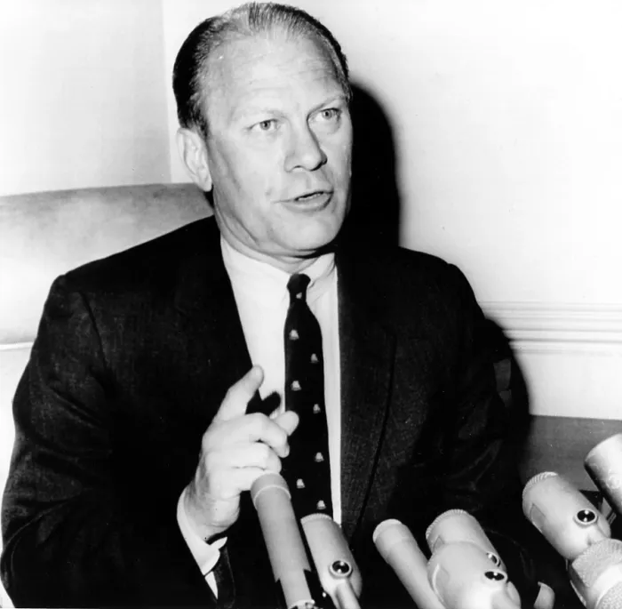 Framed Print : Congressman Gerld R. Ford at a press conference defending the U.S. bombing of missile bases in North Vietnam, July 7, 1965. Courtesy: CSU Archives  /  Everett Collection