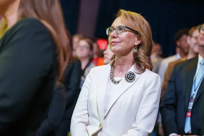Framed Print : Former Congresswoman, Gabby Giffords, attends President Joe Biden speech at the National Safer Communities Summit, June 16, 2023, in Hartford, Connecticut
