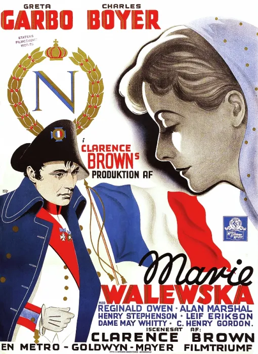 Framed Print : CONQUEST, (aka MAVIE WALEWSKA), l-r: Charles Boyer, Greta Garbo on Danish poster art, 1937
