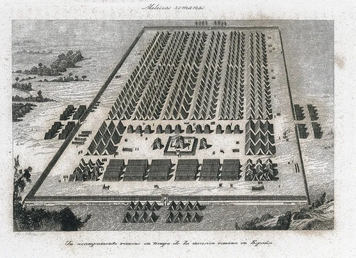 Framed Print : Conquest of Hispania (218 BC-19 BC). Roman militia. A Roman encampment in times of the Roman invasion of Spain. Copper engraving by A. Roca ca. 1840. Engraving. - J Framed Print : Conquest of Hispania (218 BC-19 BC). Roman militia. A Roman encampment in times of the Roman invasion of Spain. Copper engraving by A. Roca ca. 1840. Engraving. - J