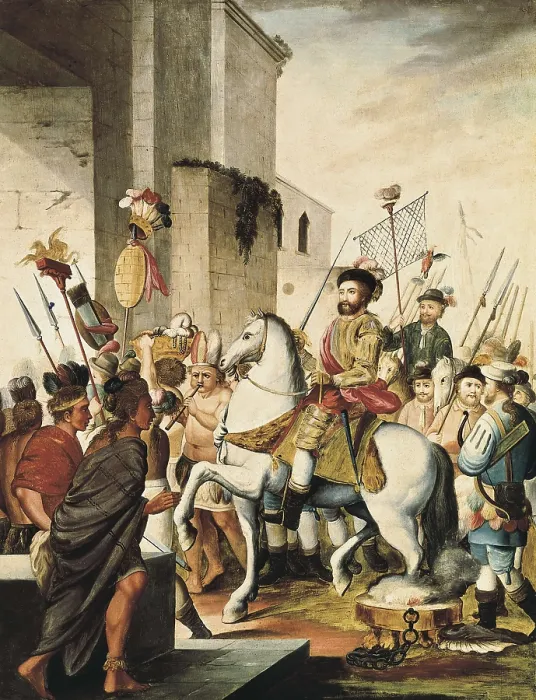 Framed Print : Conquest of Mexico (1520). Entry of Hernn Corts in Tlaxcala after the battle of Otumba (18th July 1520). Painting (18th c.). Oil. SPAIN. Madrid. America's Museum