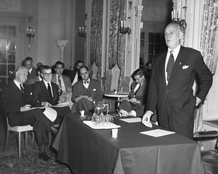 Framed Print : Conrad Hilton, announces the purchase of controlling interest in the Hotel Waldorf-Astoria. Oct. 12, 1949
