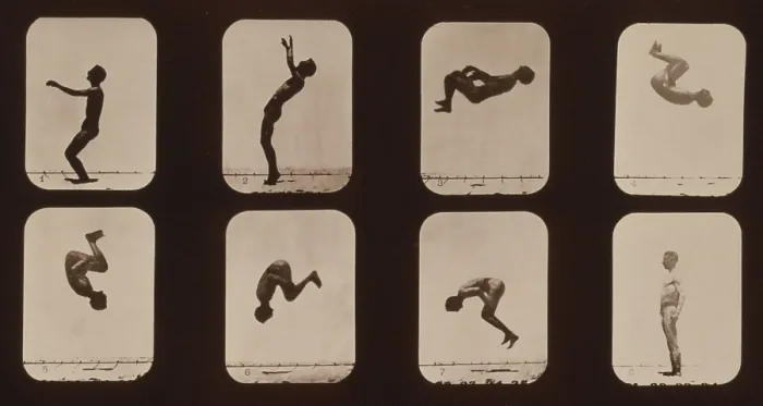 Framed Print : Consecutive images of a man doing a back somersault. From Eadweard Muybridge's, THE ATTITUDES OF ANIMALS IN MOTION, 1881 Framed Print : Consecutive images of a man doing a back somersault. From Eadweard Muybridge's, THE ATTITUDES OF ANIMALS IN MOTION, 1881
