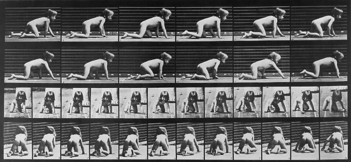 Framed Print : Consecutive images of a nude girl crawling. From Eadweard Muybridge's, ANIMAL LOCOMOTION, 1887