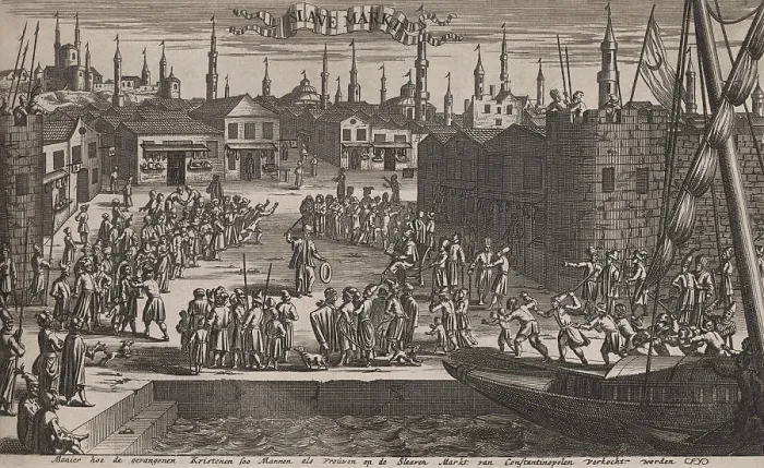 Framed Print : Constantinople slave market depicted in a Dutch engraving of 1684. Clothing, particularly headgear, distinguishes the slavers from the enslaved Europeans Framed Print : Constantinople slave market depicted in a Dutch engraving of 1684. Clothing, particularly headgear, distinguishes the slavers from the enslaved Europeans