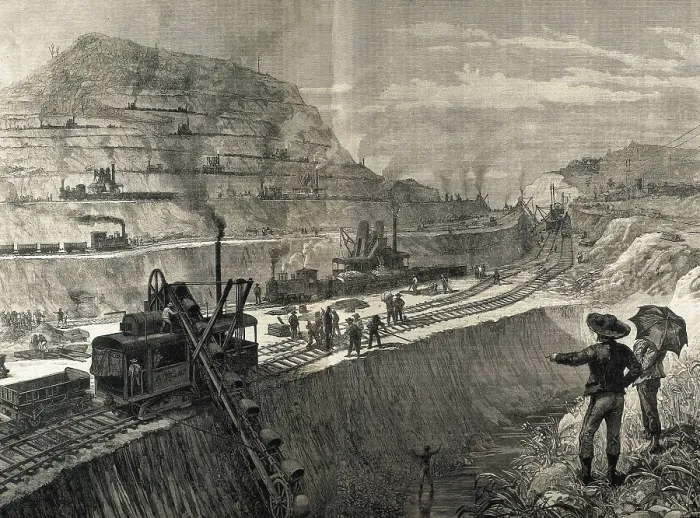 Framed Print : Construction of Panama Canal. Dredging works in the village of Culebra. Original drawing by Meltor Prior. Image published in 'The Illustrated London News'. Engraving