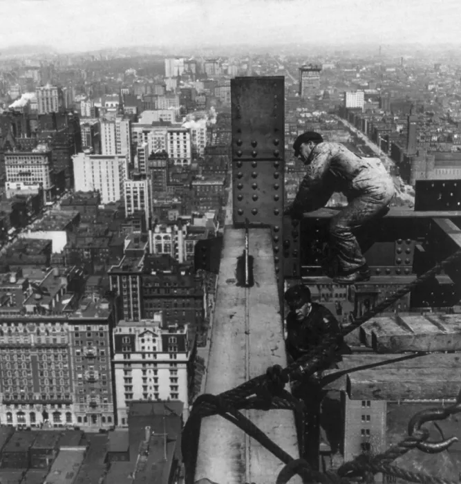 Framed Print : Construction workers on the steel beams of the Metropolitan Tower over Fifth Avenue