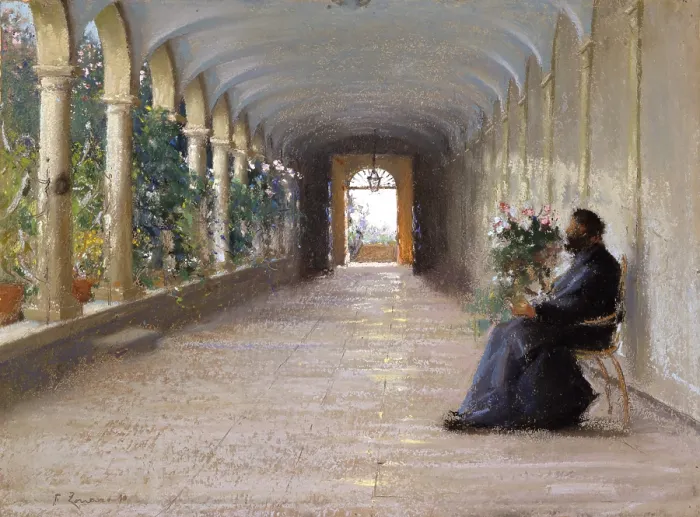 Framed Print : Contemplation, by Fausto Zonaro, 1890, 19th Century, canvas - Italy, Veneto, Padua, Civic Museum Eremitani. Whole artwork view
