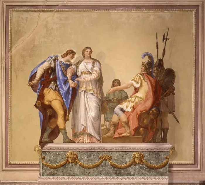 Framed Print : Continence and Scipio, by Giovan Battista Canal, 1795, 18th Century, fresco - Italy, Veneto, Venice, Mangilli Palace. Whole artwork view