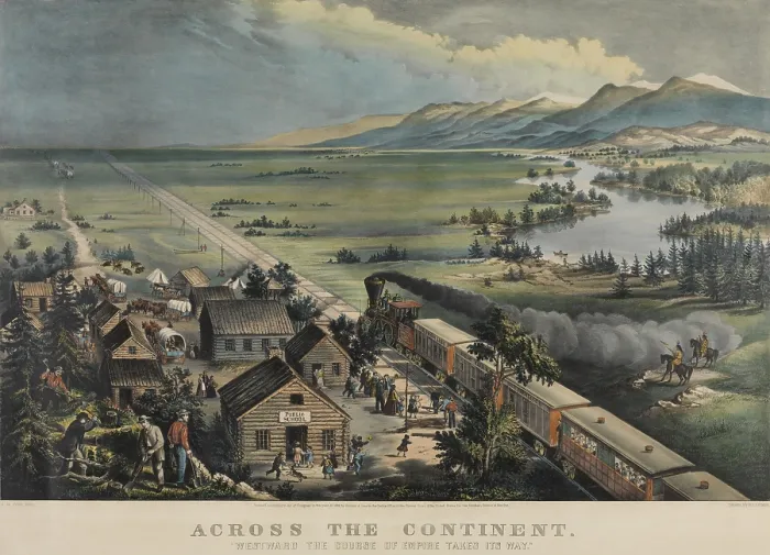 Framed Print : ACROSS THE CONTINENT. WESTWARD THE COURSE OF THE EMPIRE TAKES ITS WAY. 1868 lithograph from a drawing by Francis F. Palmer (BSLOC_2020_1_19)