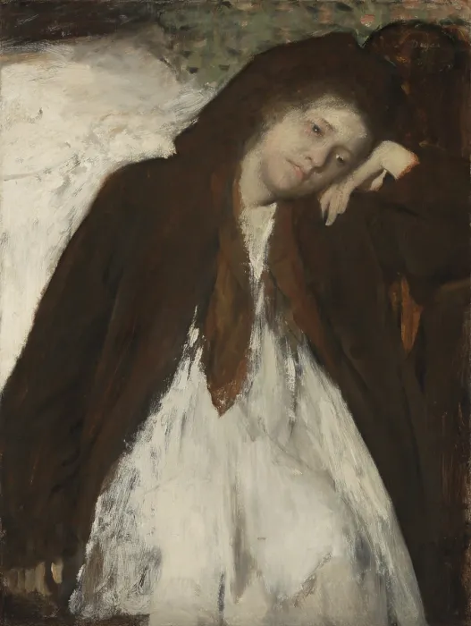Framed Print : Convalescent, by Edgar Degas, 1873-87, French impressionist painting, oil on canvas. A sick young woman rests her tilted head on her hand