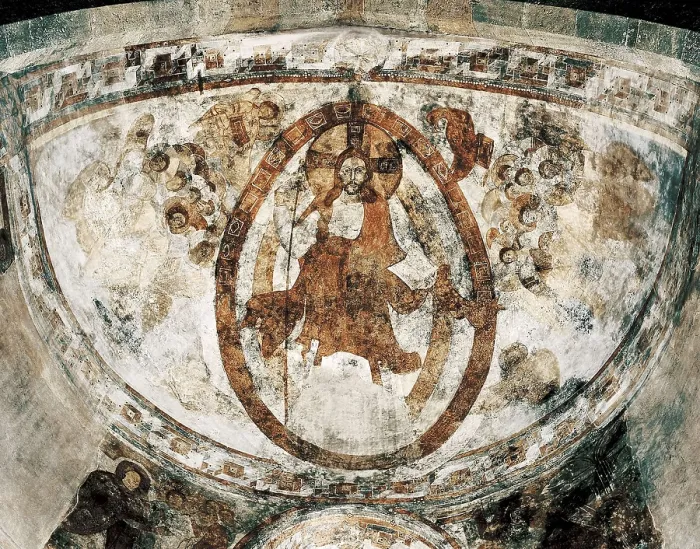 Framed Print : Convent of St John at Mstair. 8th-9th c. SWITZERLAND. Mustair. Convent of St. John. Central apse frescos decorated with a Pantocrator. Carolingian art. Fresco