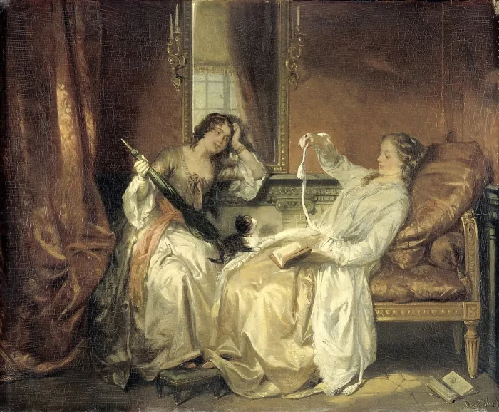 Framed Print : The Conversation, by David Bles, c. 1870-90, Dutch painting, oil on panel. Two relaxed young women conversing in a salon, with ample pillows