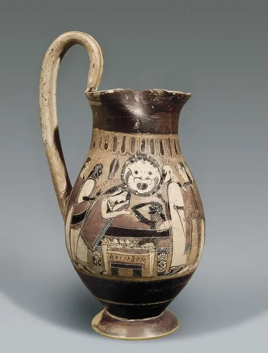 Framed Print : Corinthian jug. Depiction of the nereid Thetis consoling his son Achilles. Archaic Greek art. Ceramics. BELGIUM. Laeken. Muses Royaux des Beaux-Arts (Royal Museums of Fine Arts)
