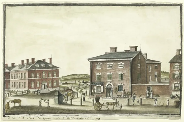 Framed Print : The corner of F Street in Washington DC, in 1817, by French artist, Baroness Anne-Marguerite-Henriette Hyde de Neuville. On left is the new Treasury Building