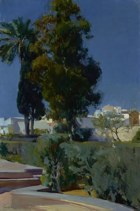 Framed Print : Corner of the Garden, Alcazar, Sevilla, by Joaquin Sorolla y Bastida, 1910, Spanish painting, oil on canvas. Sorolla painted the sky as an intense deep blue (BSLOC_2016_6_42)