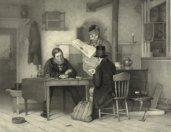 Framed Print : Cornered!, two men playing cards. One watches as the other concentrates on his hand, trying to figure his next move, if indeed he has one