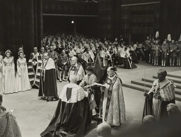 Framed Print : Coronation ceremony of Queen Elizabeth II, June 2, 1953. She is receiving the Spurs of Chivalry from the Lord Great Chamberlain. - (BSLOC_2015_1_46)