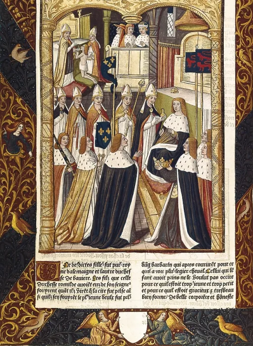 Framed Print : Coronation of Ramhilde, duchess of Baviera, circa 600. Illustration from 'Grandes Chroniques de France', edition by Antoine de Verard (15th century). Gothic art