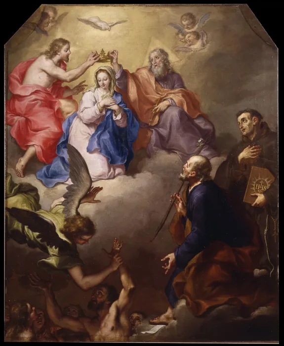 Framed Print : Coronation of the Virgin, by Bortolo Litterini, 1719, 18th Century, oil on canvas - Italy, Lombardy, Valzurio, Parish Church of Saint Margaret. Whole artwork view Framed Print : Coronation of the Virgin, by Bortolo Litterini, 1719, 18th Century, oil on canvas - Italy, Lombardy, Valzurio, Parish Church of Saint Margaret. Whole artwork view