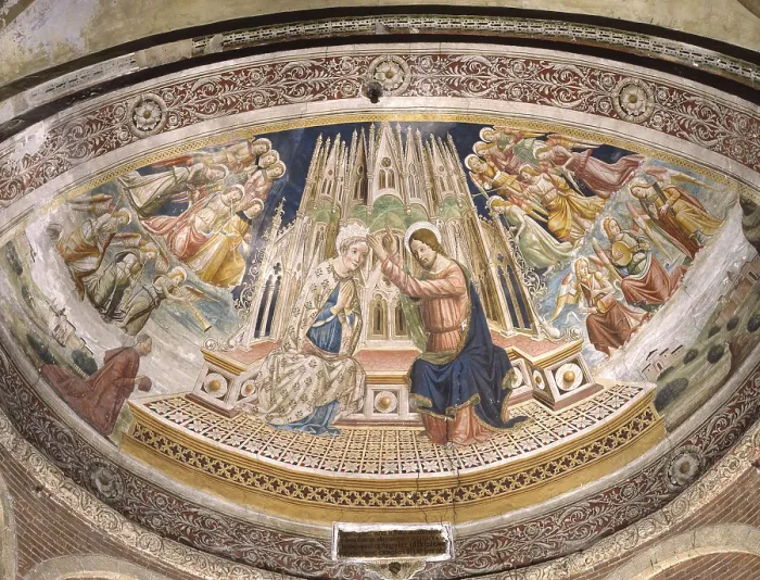 Framed Print : Coronation of the Virgin and Donor, by Agostino da Montebello, 1491, 15th Century, fresco - Italy, Lombardy, Pavia, Saint Michael Basilica. Whole artwork view