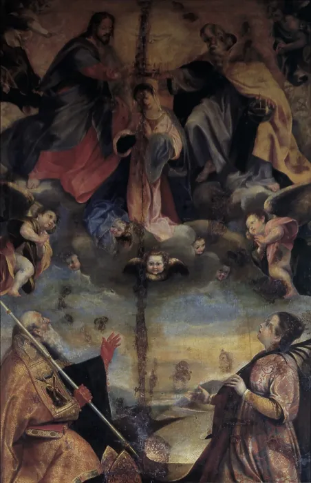 Framed Print : Coronation of the Virgin with Saints Christina and Benedict, by Workshop of Federico Fiori also known as Barocci or Baroccio, 1590 - 1610, 16th Century, oil on canvas