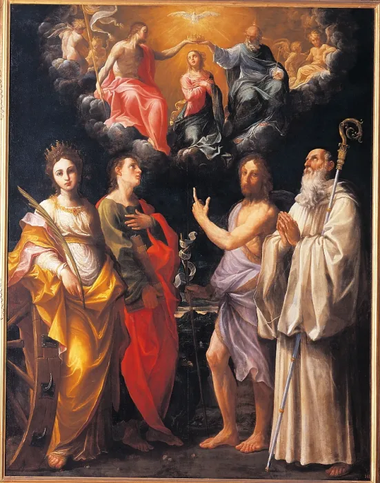 Framed Print : Coronation of the Virgin with Four Saints, by Guido Reni, 1595 - 1596, 16th Century, oil on canvas, cm 253 x 197 - Italy, Emilia Romagna, Bologna, National Picture Gallery. All
