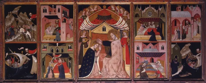 Framed Print : Coronation of the Virgin and the Stories of Saint Nicol, by Master of Padiglioni, 14th century, temper on board - Italy, Veneto, Vicenza, Dome. Whole artwork view Framed Print : Coronation of the Virgin and the Stories of Saint Nicol, by Master of Padiglioni, 14th century, temper on board - Italy, Veneto, Vicenza, Dome. Whole artwork view