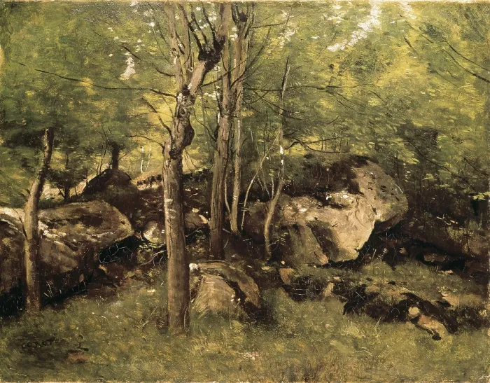 Framed Print : COROT, Jean-Baptiste Camille (1796-1875). Rocks in the Forest of Fontainebleau. 1860 - 1865. Realism. Oil on wood. UNITED STATES OF AMERICA. Washington. National Gallery of Art