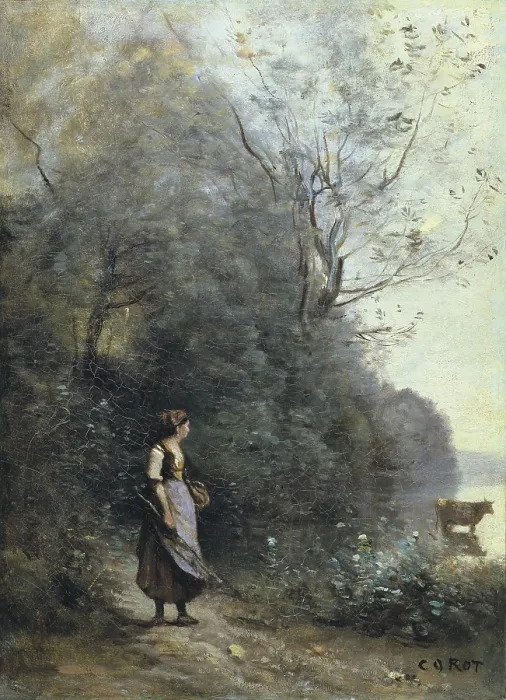 Framed Print : COROT, Jean-Baptiste Camille (1796-1875). A Peasant Woman Grazing a Cow at the Edge of a Forest. mid. 19th c. Realism. Oil on canvas. RUSSIA. Saint Petersburg