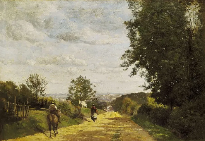 Framed Print : COROT, Jean-Baptiste Camille (1796-1875). The Road to Sevres. 1858-1859. At the backgroung, view of Paris. Realism. Oil on canvas. FRANCE. Paris. Louvre Museum