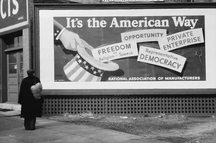 Framed Print : Corporate resistance to FDR's New Deal. National Association of Manufacturers sign praised US private enterprise and opposed Depression era government programs
