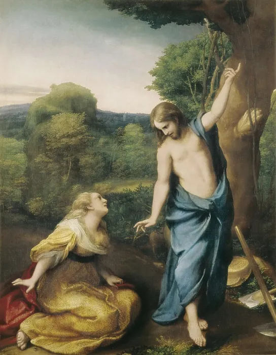 Framed Print : CORREGGIO, Antonio Allegri, also called (1489-1534). Noli Me Tangere. ca. 1534. Christ, as a farmer, appears before Mary Magdalene