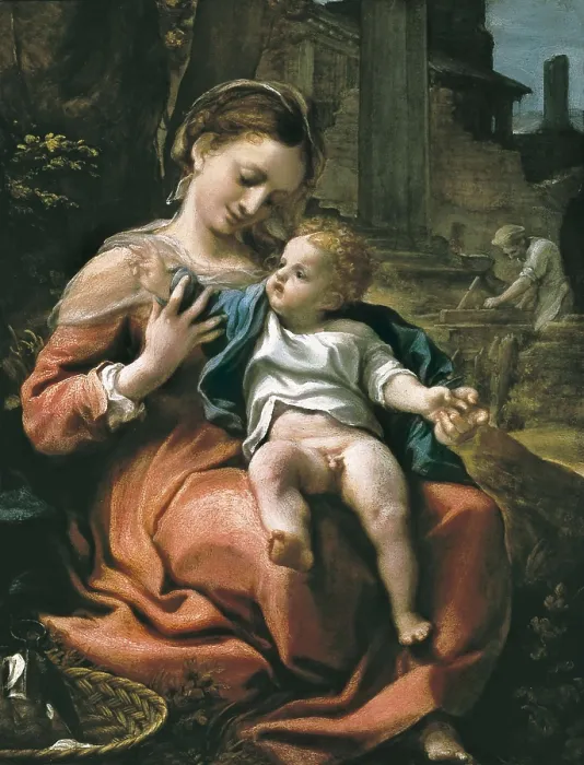 Framed Print : CORREGGIO, Antonio Allegri, also called (1489-1534). The Madonna of the Basket. ca. 1524. Oil on wood. Renaissance art. Cinquecento. Oil on wood. UNITED KINGDOM. London
