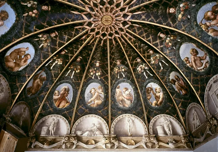 Framed Print : CORREGGIO, Antonio Allegri, also called (1489-1534). Camera di San Paolo. 1519. ITALY. Parma. Convent of St. Paul. Ceiling decorated with cupids. Renaissance art. Cinquecento
