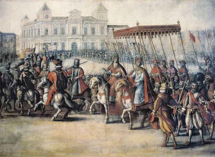 Framed Print : CORTE, Juan de la (1597-1660). The Coronation of Charles V in Bologna. Retinue with Emperor Charles Carlos V and Pope Clement VII (28th June 1519). Flemish art. Oil on canvas