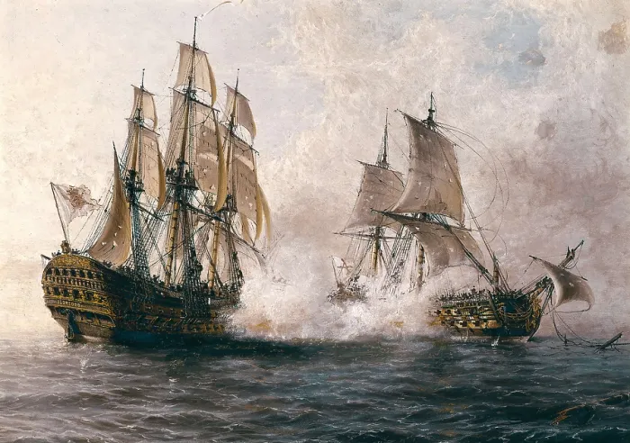 Framed Print : CORTELLINI, Angel Mara (1820). Combat between the Spanish 'Glorioso' against the British 'Darmouth'. 1891