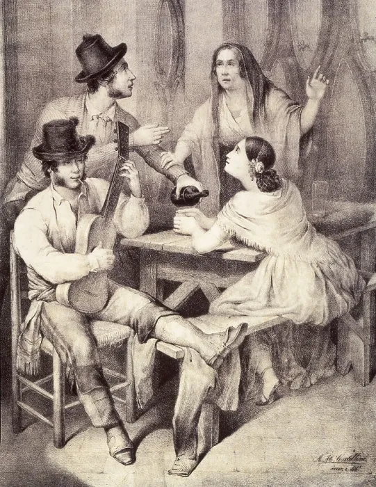 Framed Print : CORTELLINI, Angel Maria (1819-1887). Bar scene. Spanish school. 19th century. Engraving. SPAIN. Madrid. Museo Nacional del Romanticismo. - P