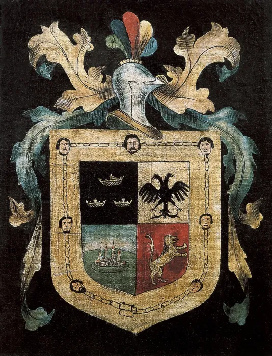 Framed Print : CORTS, Hernn (1485-1547). Spanish conqueror of Mexico. Corts coat of arms. Painting. AISA / Everett Collection**US SALES ONLY**