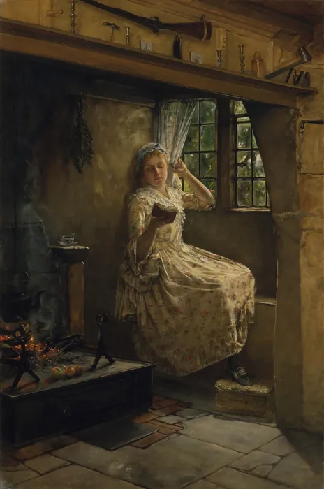 Framed Print : A COSEY CORNER, by Frank Millet, 1884, American painting, oil on canvas. Young women in colonial costume reading a small book in a window seat Framed Print : A COSEY CORNER, by Frank Millet, 1884, American painting, oil on canvas. Young women in colonial costume reading a small book in a window seat