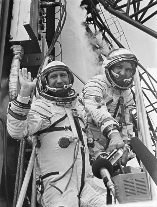 Framed Print : Cosmonauts Aleksey Leonov (left) and Valeriy Kubasov before the Apollo-Soyuz launch